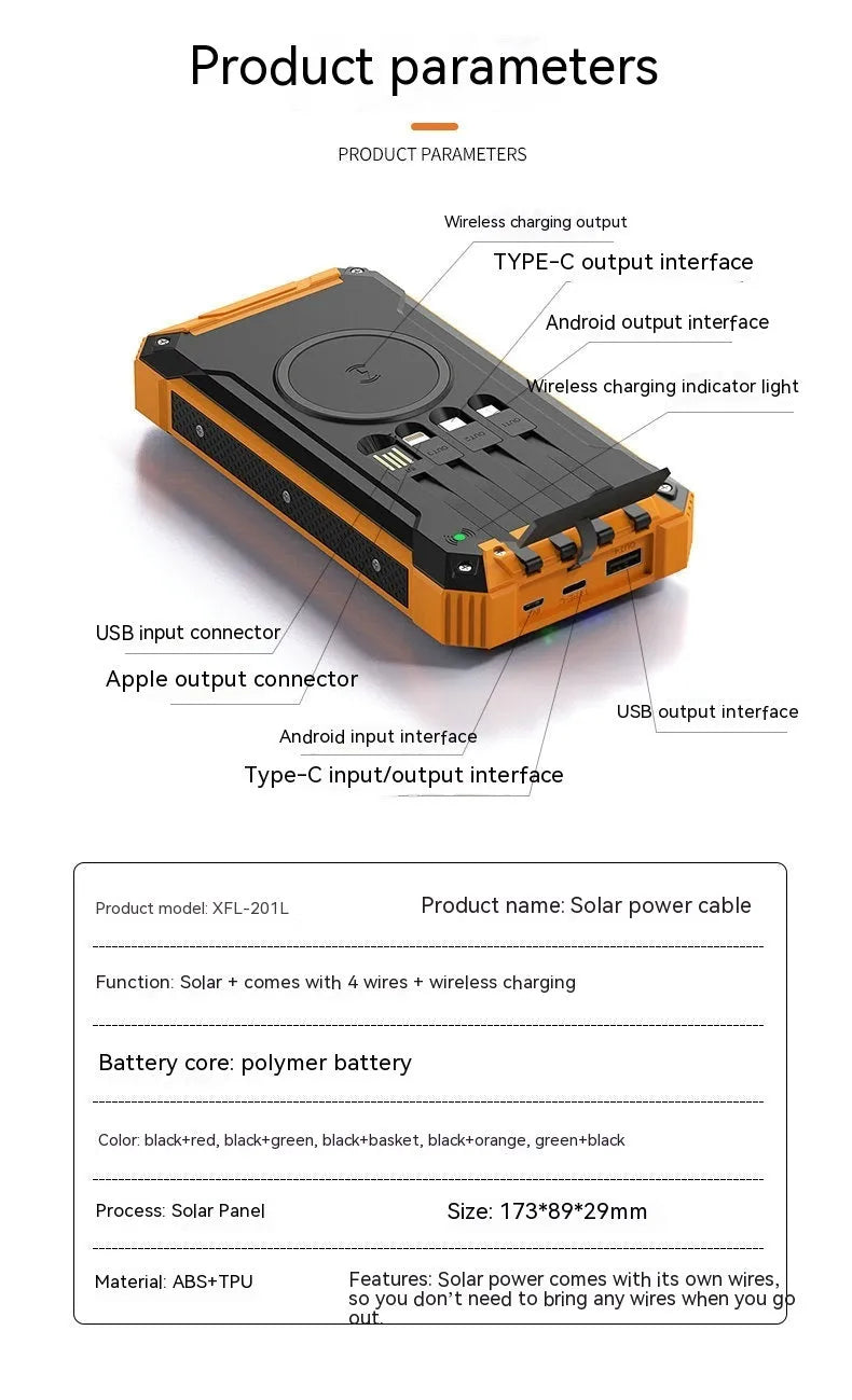 Solar wireless power bank in orange black, 173 x 89 x 28mm plastic shell, 10000mAh or 20000mAh capacity