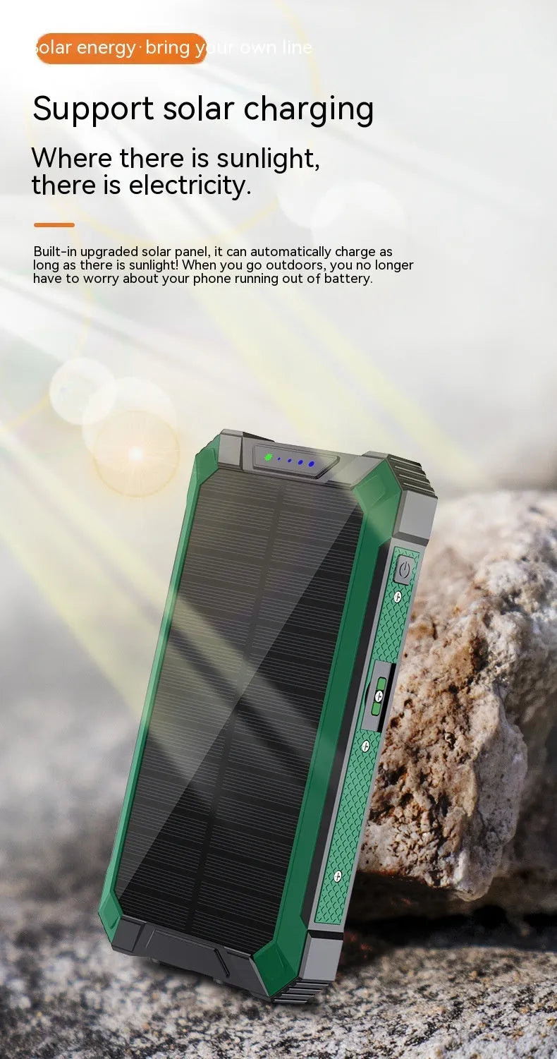Solar wireless power bank in orange black, 173 x 89 x 28mm plastic shell, 10000mAh or 20000mAh capacity