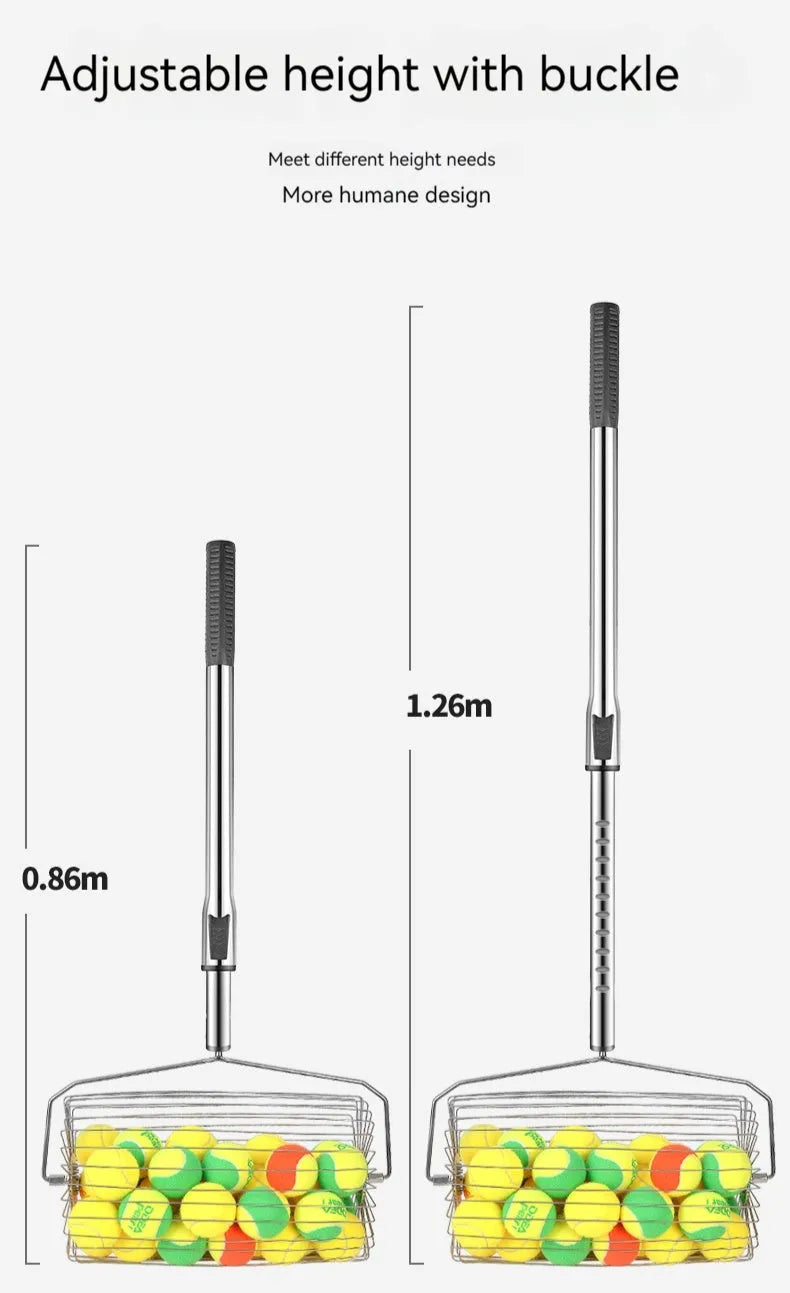 Stainless steel manual roller tennis ball picker for collecting 30 or 60 balls on court.