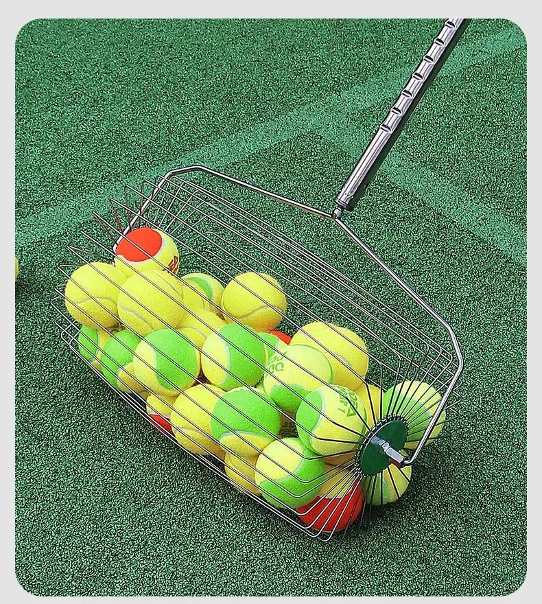Stainless steel manual roller tennis ball picker for collecting 30 or 60 balls on court.