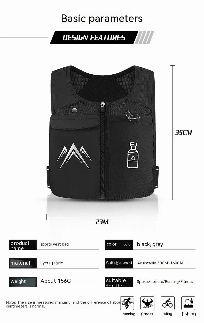 Breathable mesh running vest with integrated phone compartment showing front and back views