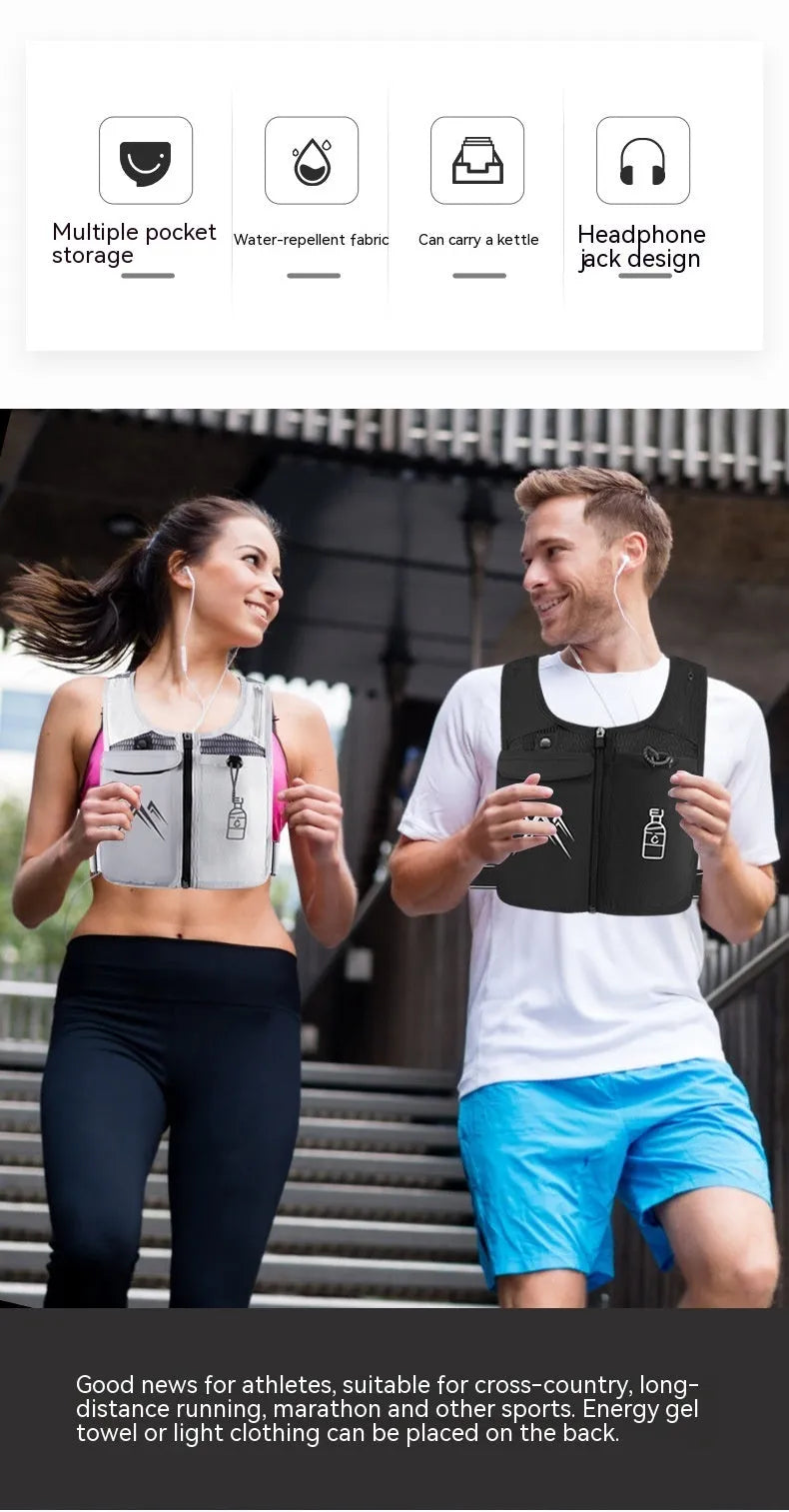 Breathable mesh running vest with integrated phone compartment showing front and back views