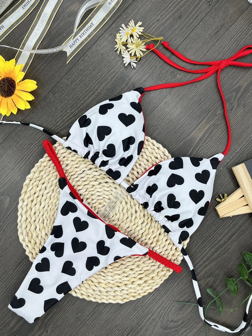 Heart print backless two-piece swimsuit in brief style