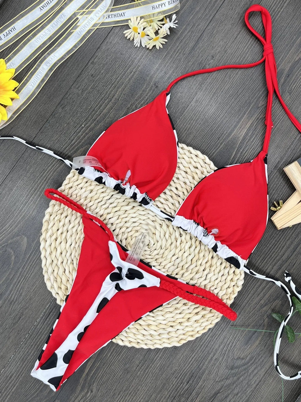 Heart print backless two-piece swimsuit in brief style