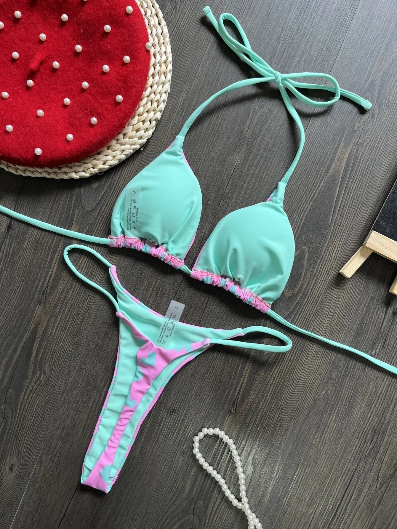 Heart print backless two-piece swimsuit in brief style