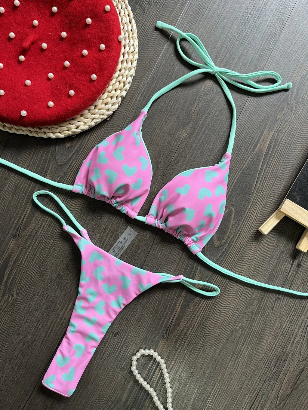 Heart print backless two-piece swimsuit in brief style