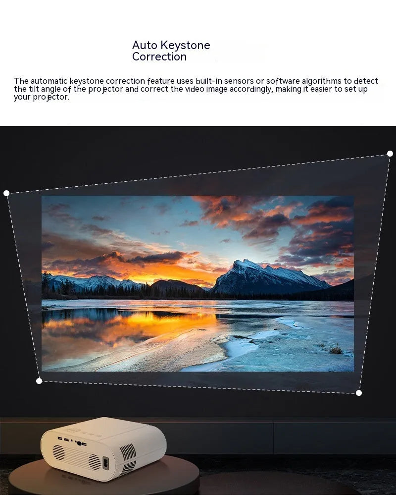 White Full HD smart projector with remote control on a table
