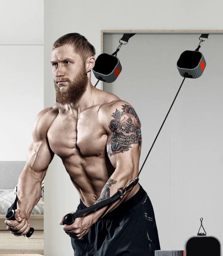 Multifunctional fitness equipment with chest expander and dumbbell rowing functions in blue-grey colour