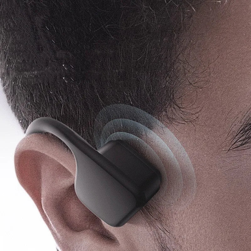 Black stereo waterproof wireless running headphones with Bluetooth 5.0 and hanging ear design