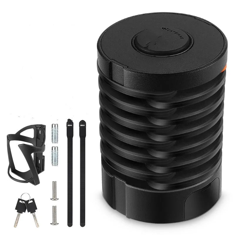 Black folding bicycle lock in compact storage position showing zinc alloy and steel construction