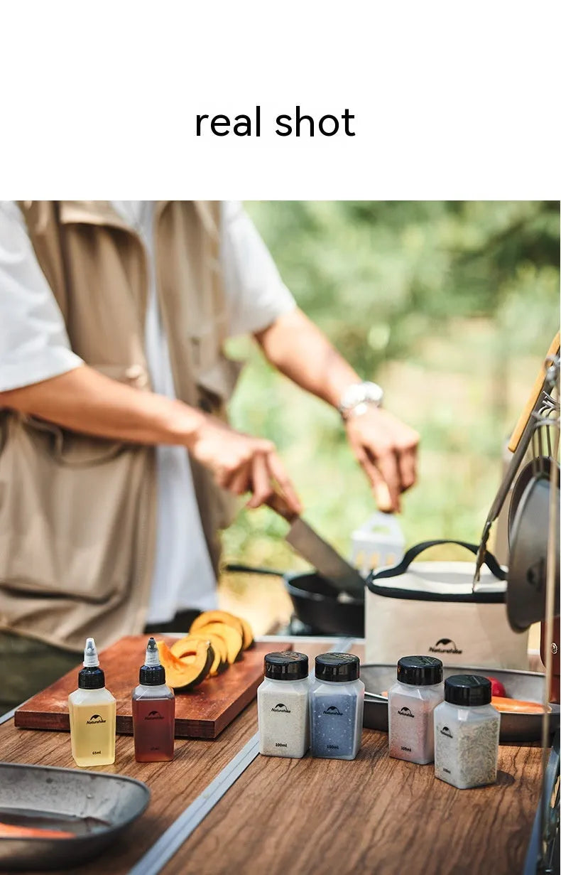 Naturehike six-piece portable plastic seasoning bottle set for outdoor cooking.
