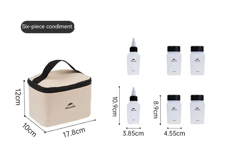 Naturehike six-piece portable plastic seasoning bottle set for outdoor cooking.