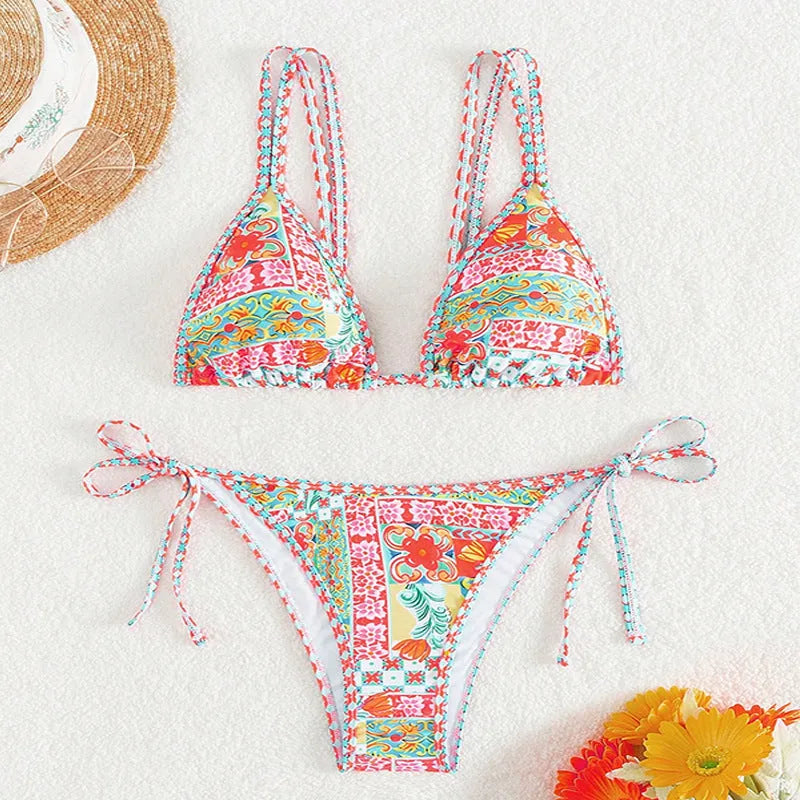 Women's lace-up front split swimsuit with backless briefs style in polyester fabric
