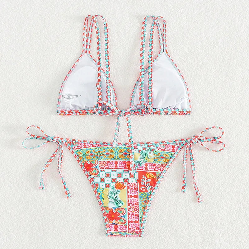 Women's lace-up front split swimsuit with backless briefs style in polyester fabric