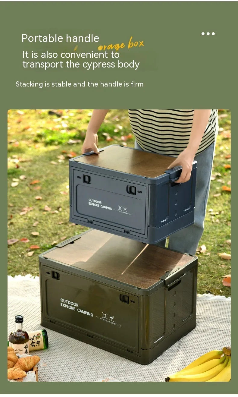 Green plastic storage box with wooden lid showing foldable design for household organisation
