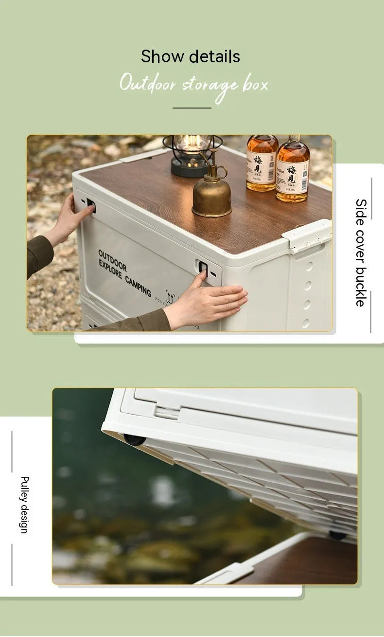 Green plastic storage box with wooden lid showing foldable design for household organisation