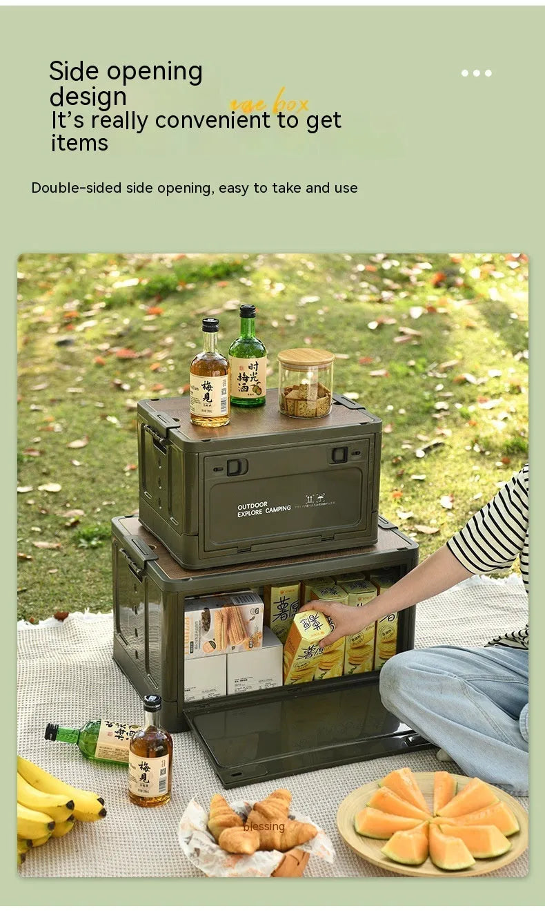 Green plastic storage box with wooden lid showing foldable design for household organisation