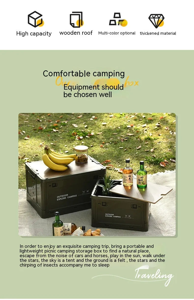 Green plastic storage box with wooden lid showing foldable design for household organisation