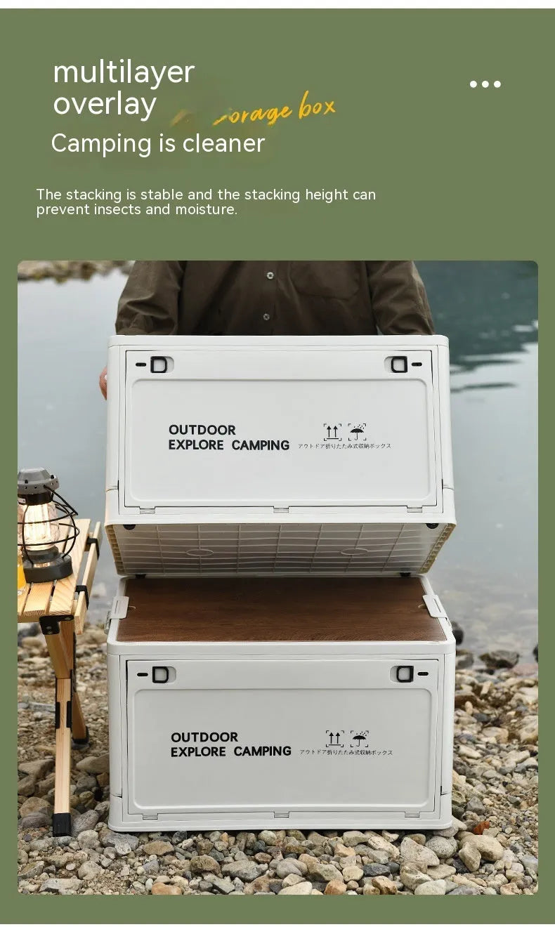 Green plastic storage box with wooden lid showing foldable design for household organisation