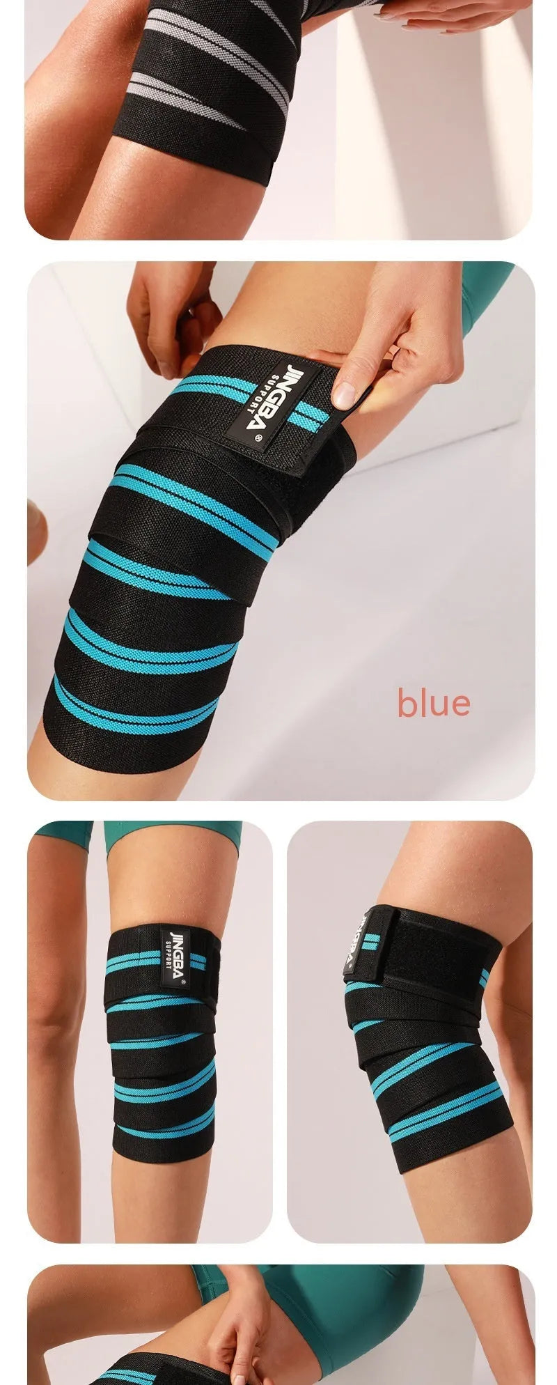 Adjustable free size sports knee pad for weightlifting and cycling, shown in blue colour.