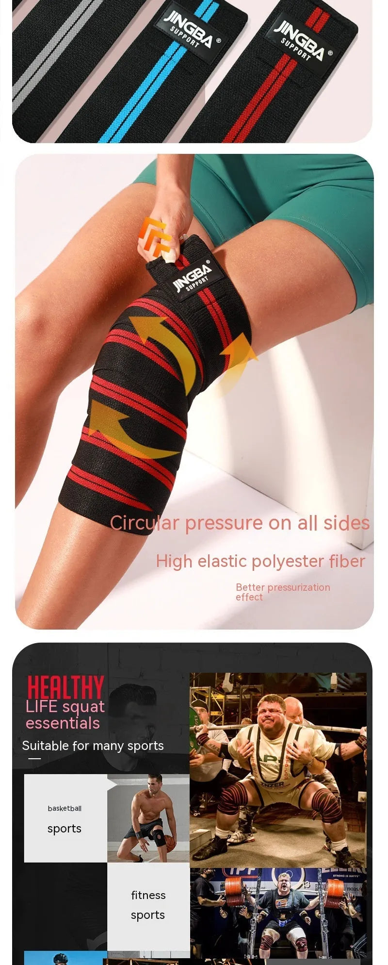 Adjustable free size sports knee pad for weightlifting and cycling, shown in blue colour.