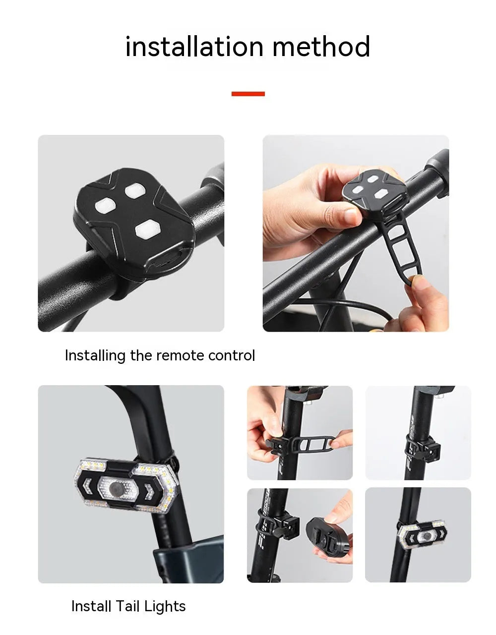 Black wireless remote control turn signal taillight with USB charging port for motorbikes and bicycles
