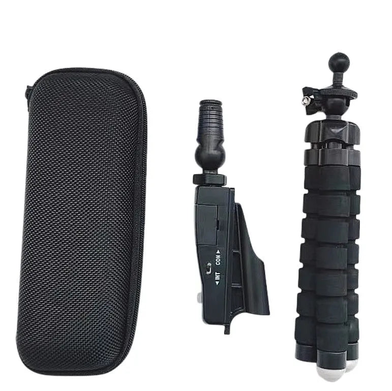 Golf putter laser aiming instrument showing laser sight, zipper box, and tripod style options.