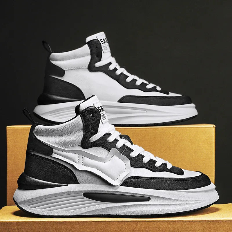 Men's black and white platform high-top board shoes with round toe and wear-resistant sole