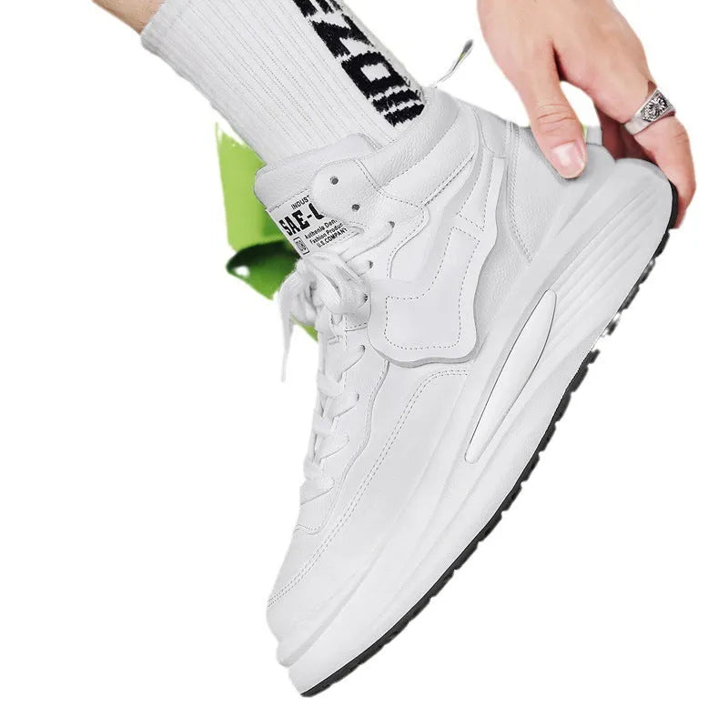 Men's black and white platform high-top board shoes with round toe and wear-resistant sole