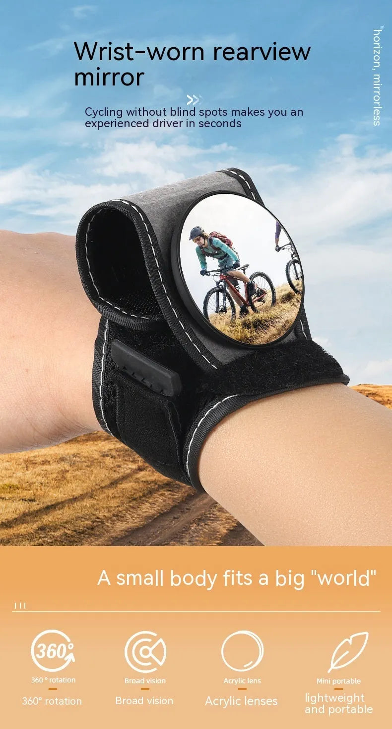 Black nylon bicycle rear-view mirror showing wrist and handlebar mounting options