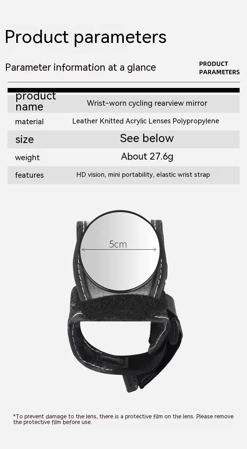 Black nylon bicycle rear-view mirror showing wrist and handlebar mounting options