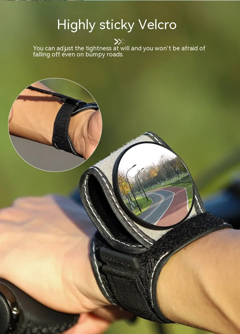 Black nylon bicycle rear-view mirror showing wrist and handlebar mounting options