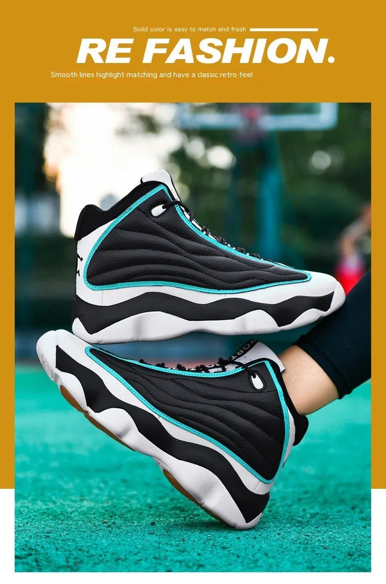 High-top basketball shoes with mesh upper and thick rubber sole in AJ13 colour options
