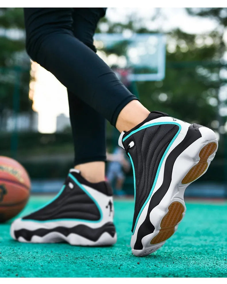 High-top basketball shoes with mesh upper and thick rubber sole in AJ13 colour options