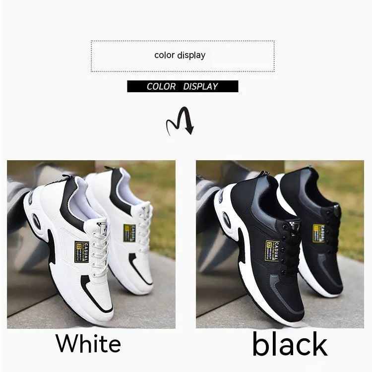 Waterproof synthetic leather casual running shoes with platform sole, lace-up, round toe, available in black breathable or white four seasons