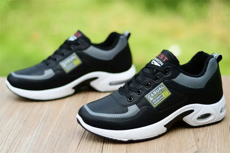 Waterproof synthetic leather casual running shoes with platform sole, lace-up, round toe, available in black breathable or white four seasons