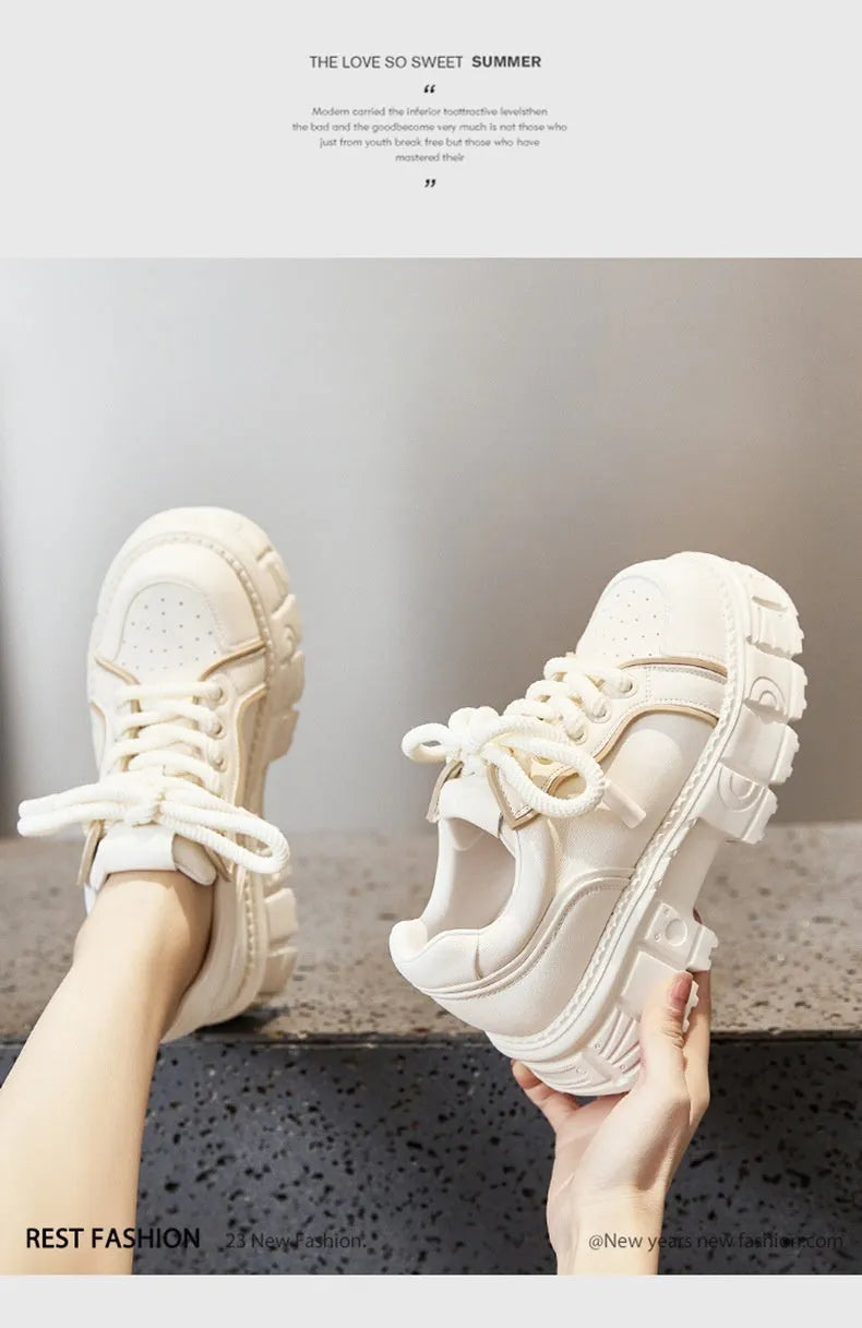 Beige and pink casual leather shoes with muffin bottom design and height increasing soles