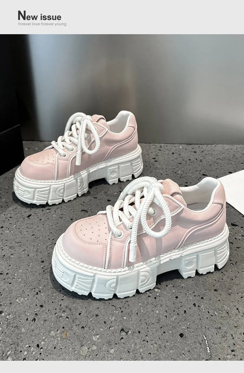 Beige and pink casual leather shoes with muffin bottom design and height increasing soles