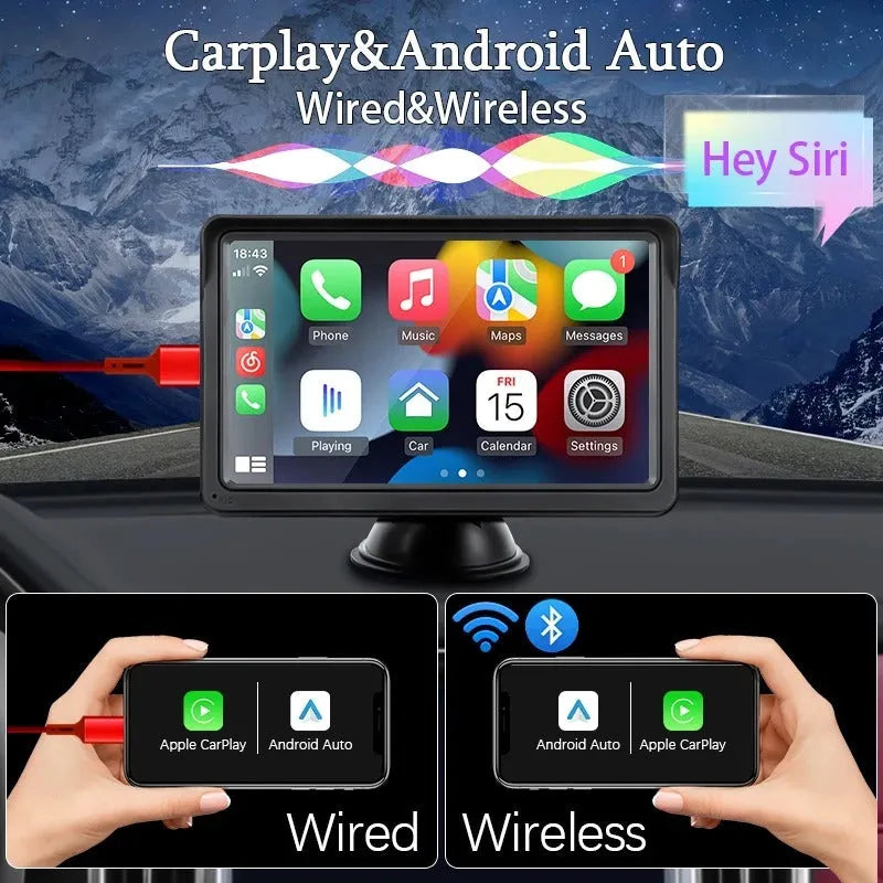7-inch car display with 1024x600 HD screen, wireless CarPlay and Bluetooth 5.0