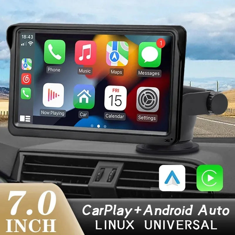 7-inch car display with 1024x600 HD screen, wireless CarPlay and Bluetooth 5.0