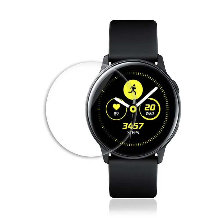 Transparent tempered glass screen protector for Samsung Galaxy Watch Active smartwatch.