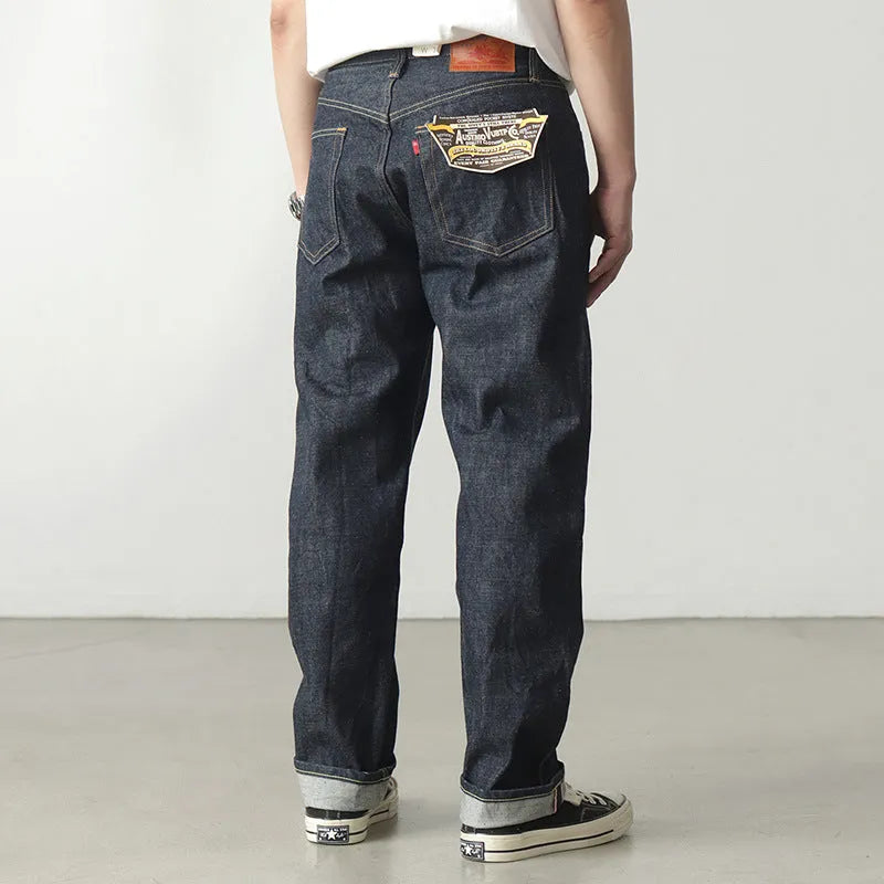 Men's high waist thickened denim trousers in dark indigo, long length, cotton denim, sizes 29-36