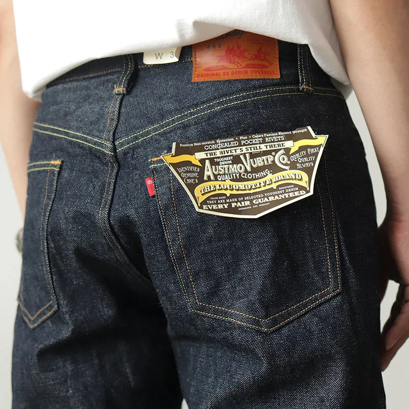 Men's high waist thickened denim trousers in dark indigo, long length, cotton denim, sizes 29-36