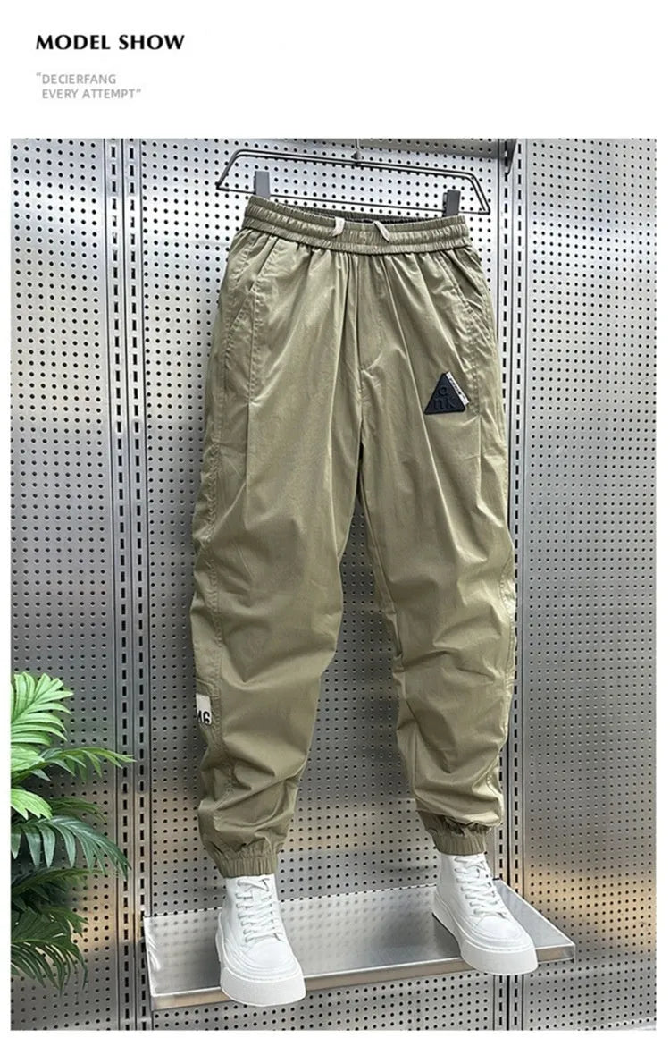 Men's ice silk leisure summer thin overalls, cropped ankle banded pants, black or gray, M-XXXL