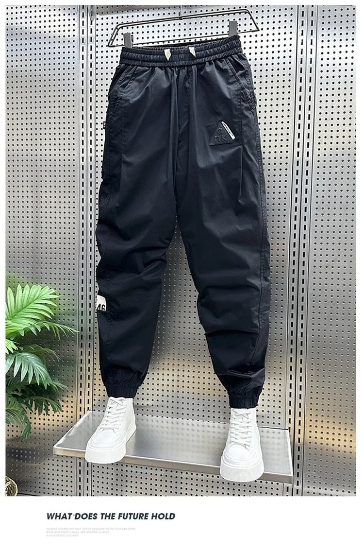 Men's ice silk leisure summer thin overalls, cropped ankle banded pants, black or gray, M-XXXL