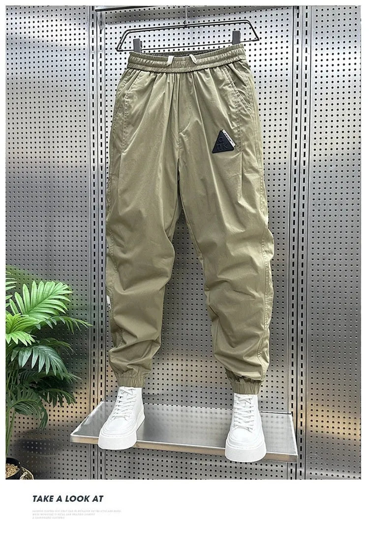 Men's ice silk leisure summer thin overalls, cropped ankle banded pants, black or gray, M-XXXL