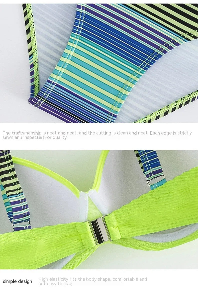 Green women's halter neck bikini set with split briefs, shown as a two-piece swimwear.