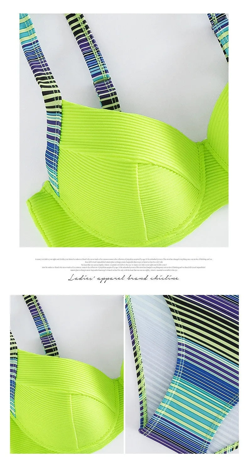 Green women's halter neck bikini set with split briefs, shown as a two-piece swimwear.