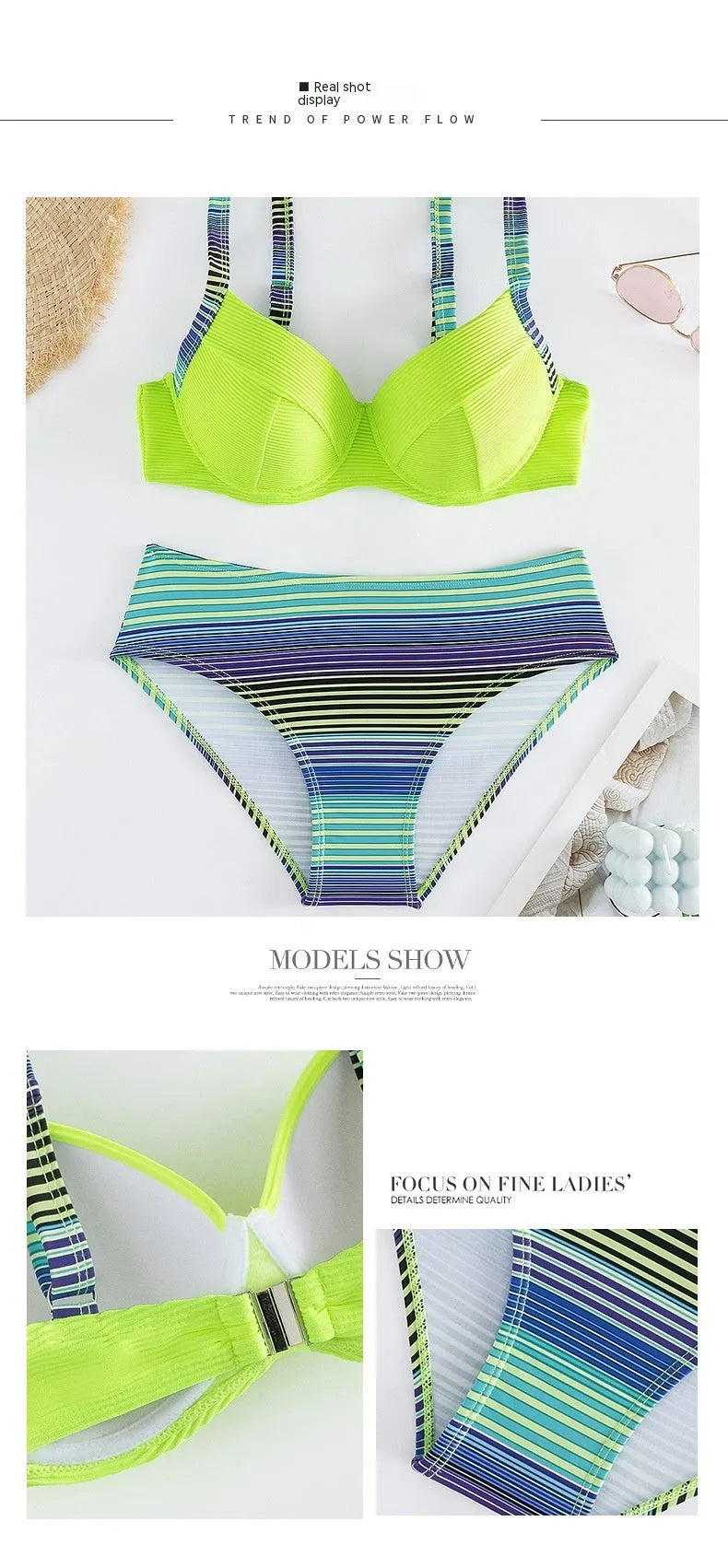 Green women's halter neck bikini set with split briefs, shown as a two-piece swimwear.