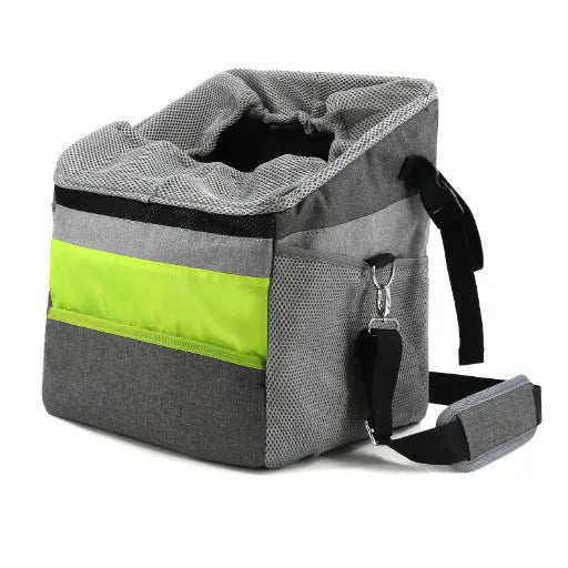 Grey Oxford pet bag bicycle basket with geometric pattern, hard build, and D buckles on both sides, item G74